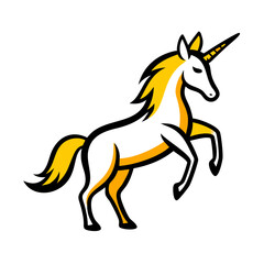 Colorful unicorn illustration with a golden mane rearing up against a simple background