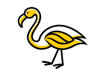 Bright yellow flamingo illustration on a white background with simple lines and playful design