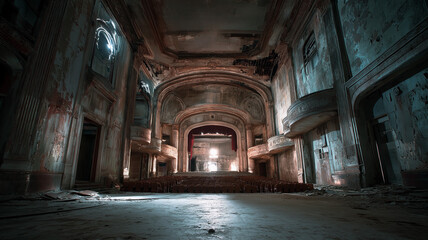 Obraz premium Derelict theater with peeling paint bathed in side light, eerie beauty theme