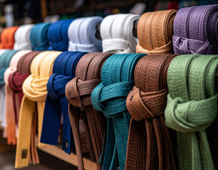 A martial arts belt (different colors) is neatly tied, symbolizing progression, achievement, and dedicated practice.