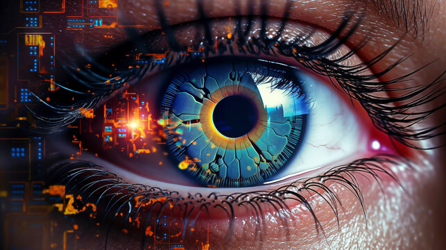 Digital Eye: A detailed macro shot of a human eye infused with futuristic digital elements, highlighting the convergence of technology and human perception.