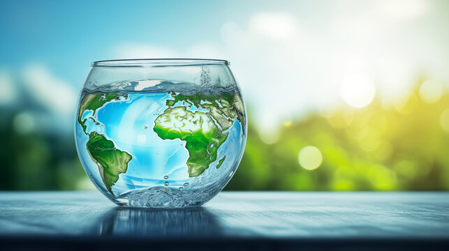 Earth in a Globe: A stunning photorealistic shot encapsulates the Earth within a transparent sphere of water, symbolizing environmental preservation and global unity