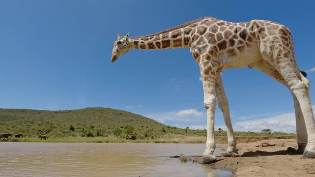 Low wide angle of Reticulated giraffe (Giraffa c. reticulata) standing near a muddy watering hole under hot midday sun in kenya 