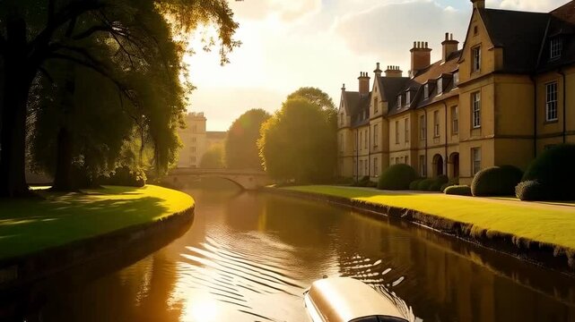 University grounds historic buildings, manicured lawns, punts on the river, summer season in England