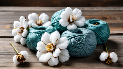 Cotton flowers resting atop folded yarn skeins on rustic wooden surface, highlighting natural textile manufacturing components
