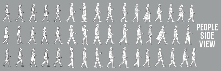 Side of view people architectural vector illustration