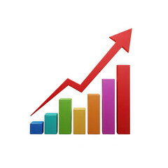 Colorful bar graph with ascending red arrow on a solid transparent background view