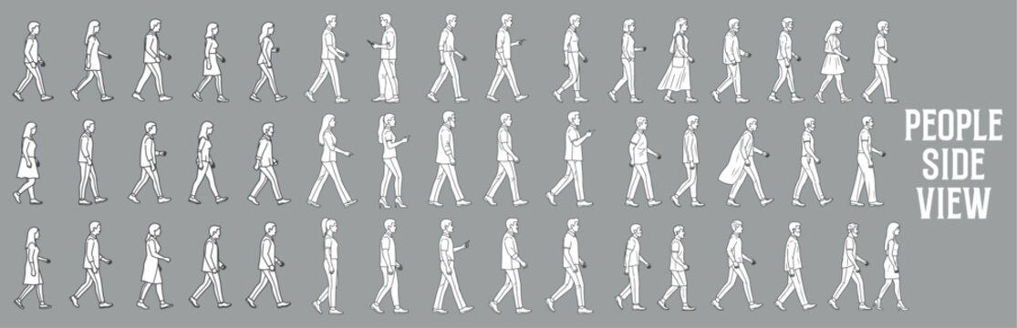 Side of view people architectural vector illustration