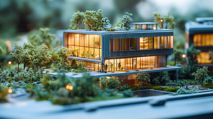 Architecture, planning and environment with model of building for construction, sustainability and futuristic. Ai generated, idea and eco friendly with design for carbon footprint, ecology and plant