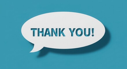 Thank you message in white speech bubble on a blue background graphic