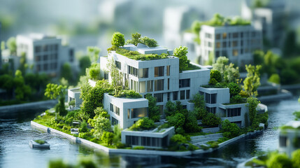 Architecture, planning and environment with model of building for construction, sustainability and futuristic. Ai generated, idea and eco friendly with design for carbon footprint, ecology and plant