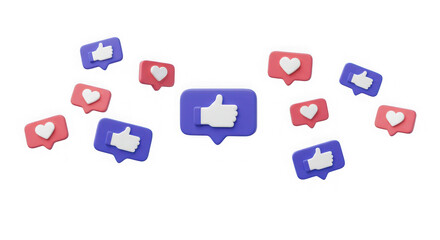 Fototapeta premium Floating like and heart notification icons on a plain transparent background space