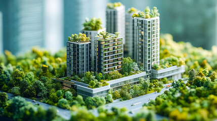 Architecture, planning and environment with model of building for construction, sustainability and futuristic. Ai generated, idea and eco friendly with design for carbon footprint, ecology and plant