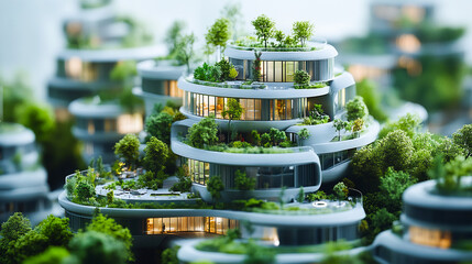 Architecture, planning and environment with model of building for construction, sustainability and futuristic. Ai generated, idea and eco friendly with design for carbon footprint, ecology and plant
