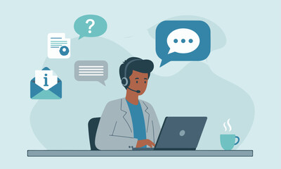 Male Customer Support Representative with Laptop. Man with headset on laptop, surrounded by communication icons: symbolizing a professional customer service or technical support role