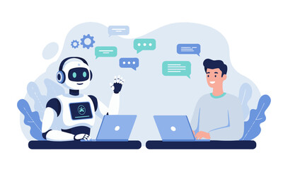 Human-Robot Collaboration in Customer Service. Humanoid robot and man on laptops with chat bubbles: human-AI collaboration in customer service.