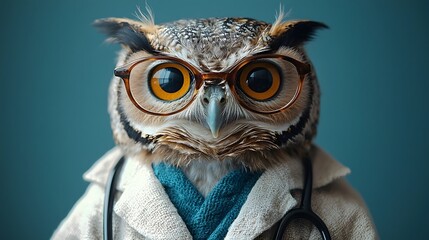 A wise owl dressed as a medical professional with a stethoscope