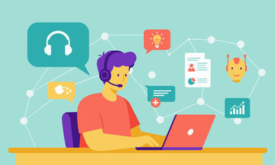 Comprehensive Customer Support and AI Integration. Male customer support agent with headset and laptop, surrounded by communication and AI icons: comprehensive, modern customer service.