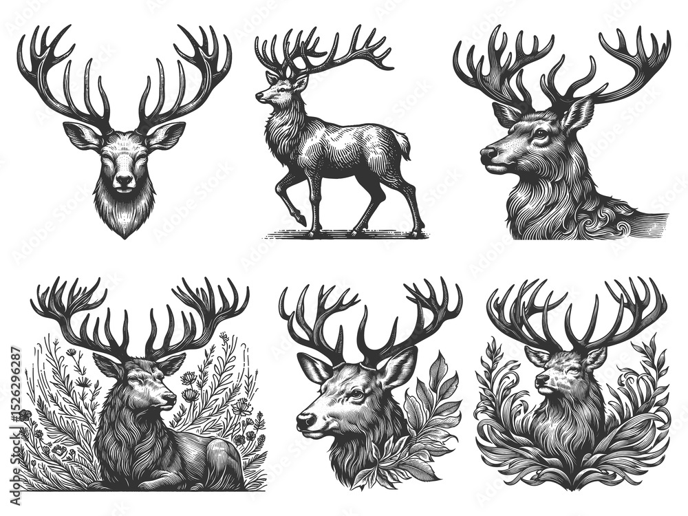Poster deer and stags set collection bundle sketch engraving generative ai raster illustration. scratch boa