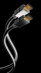 Metallic HDMI cable banner. Wavy metal HDMI plug  isolated 3D rendering
