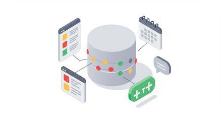 Isometric tech Database, scheduling, coding, and content management form a cohesive system