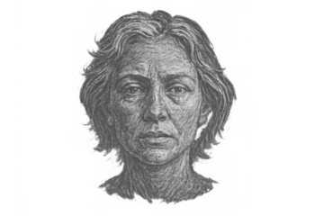 Mature woman portrait in pencil, rendering delicate facial features with precise linework against pristine white background