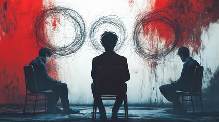 Being different from other. Young people sitting on chair with clear circles and man with tangled thoughts above. Contemporary art. Psychology, inner world, mental health. Conceptual design