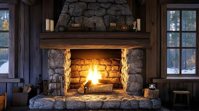 A rustic stone fireplace glowing softly in a minimalist cabin interior. 