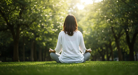 Woman meditating in lotus position on green grass surrounded by trees in a peaceful park