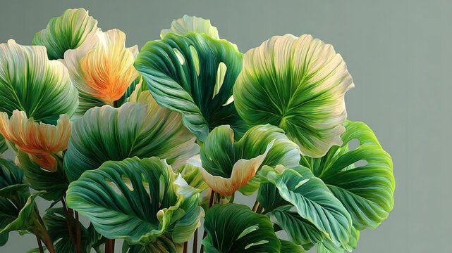 Beautiful lush tropical leaves arrangement against a soft gray backdrop, nature-inspired design