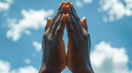 Black person, prayer hands and clouds or heaven for Christianity support or Jesus faith, praise or forgiveness. Religion, grace and holy spirit for God worship with lord belief, blue sky or guidance