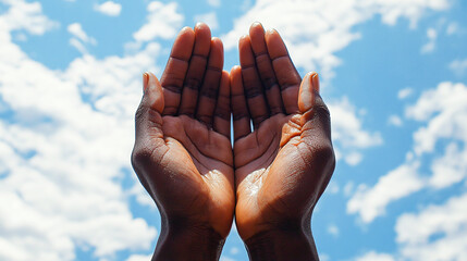 Black person, prayer hands and clouds or heaven for Christianity support or Jesus faith, praise or forgiveness. Religion, grace and holy spirit for God worship with lord belief, blue sky or guidance