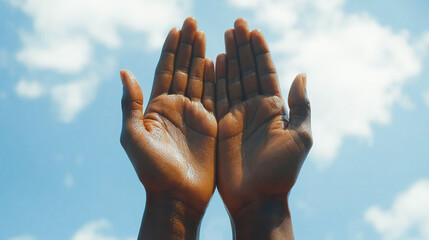 Black person, prayer hands and clouds or heaven for Christianity support or Jesus faith, praise or forgiveness. Religion, grace and holy spirit for God worship with lord belief, blue sky or guidance
