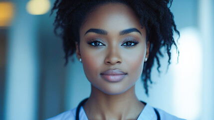 Black woman, nurse and face in hospital with trust, confidence and serious in medical clinic for professional about us. African portrait, ai generated and healthcare worker working late at night