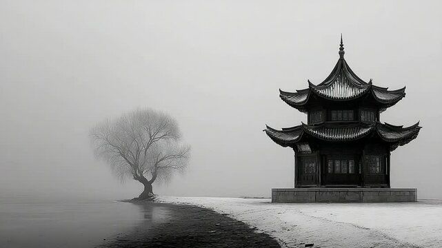 Monochrome Landscape with Traditional Chinese Pagoda and Bare Tree in Misty Weather