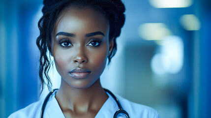 Black woman, nurse and face in hospital with trust, confidence and serious in medical clinic for professional about us. African portrait, ai generated and healthcare worker working late at night