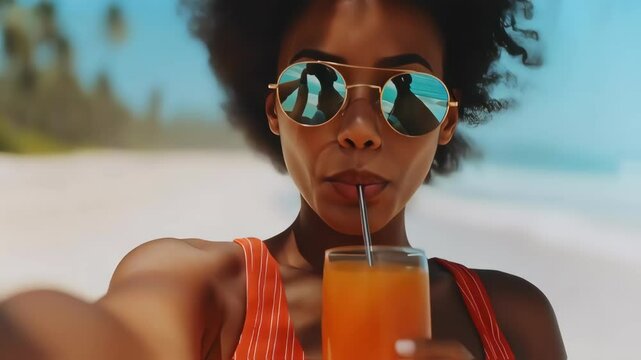 Confident young woman filming herself drinking orange juice on a hot beach day. Perfect for concepts of self care, heatwave, hydration, summer lifestyle, and tropical relaxation.