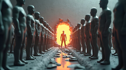 Obraz premium One glowing person stands out among a crowd concept. 