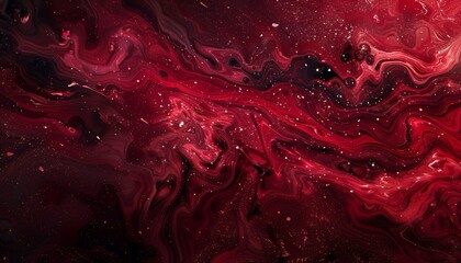 Un'immagine astratta, dominata da sfumature di rosso e nero, mostra un'intricata composizione di forme fluide e dinamiche.
