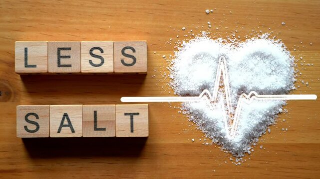 Less Salt Message with Heart Shape and Wooden Blocks on Light Brown Woodgrain Promoting Healthy Eating Habits for Heart Health