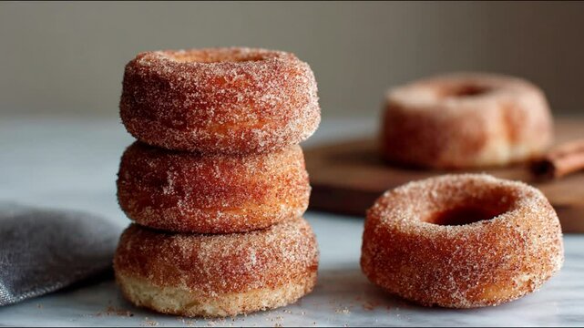 Delicious cinnamon sugar donuts stacked temptingly.