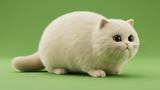 Fluffy White Cat Lying Down and Relaxing on Green Background