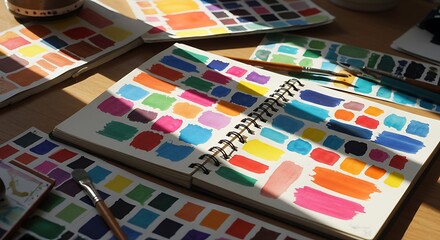 Colorful Watercolor Paint Swatches and Brushes on Desk