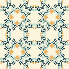Seamless vintage damask floral tile design in blue and earthy tones, perfect for textile prints and home decor.