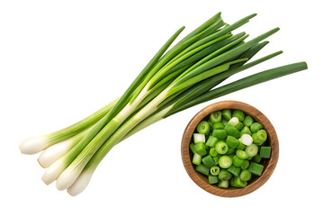 Fresh green onions and chopped scallions in bowl on transparent background