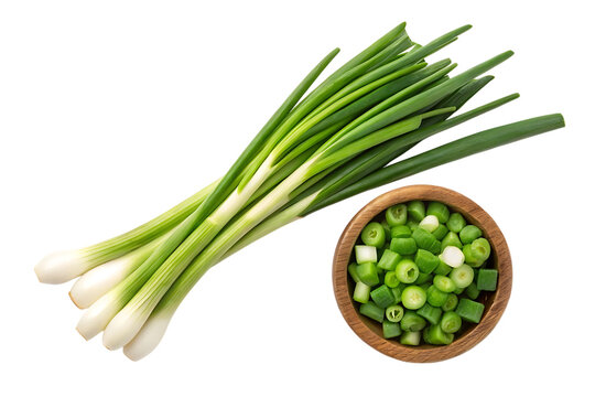Fresh green onions and chopped scallions in bowl on transparent background