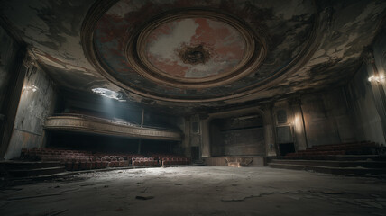 Obraz premium Derelict theater with peeling paint and faded ceiling art, haunting silence theme