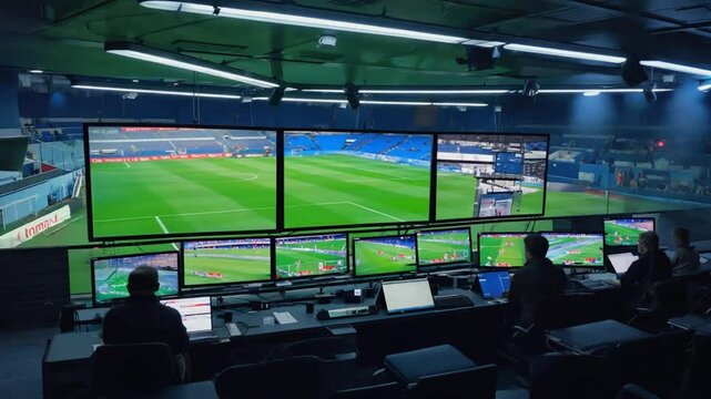 Referees in a VAR review room.