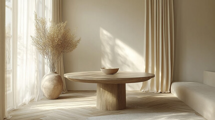 serene minimalist dining setup featuring round wooden table, warm tones, and natural decor