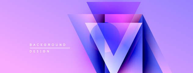 Abstract geometric design. Purple, blue gradients create layered triangular shapes. Modern background for digital projects.